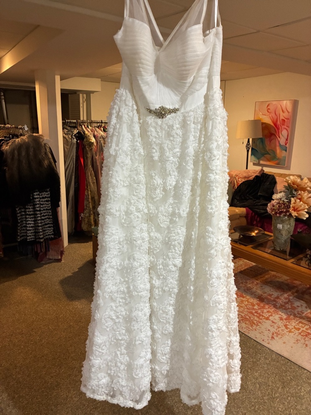 Adrianna Papell White Floral Appliqué Wedding Dress with Beaded Accent